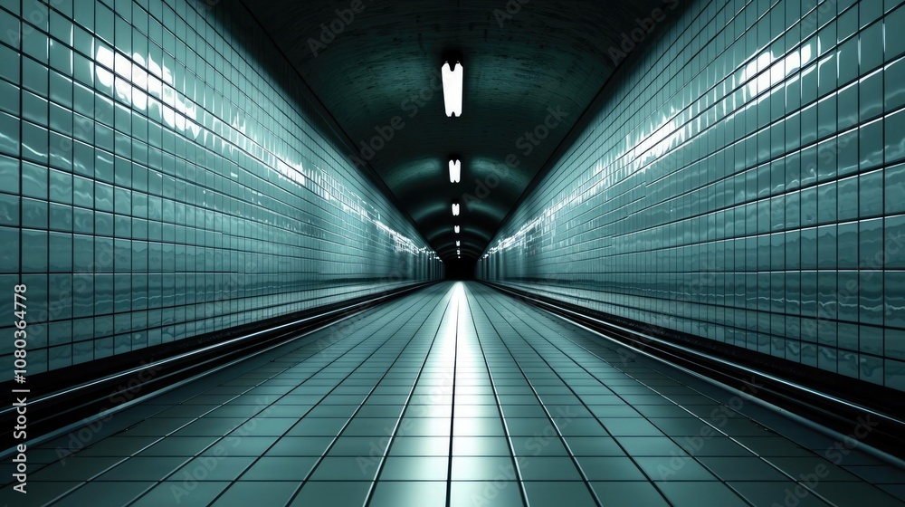 Obraz premium Empty subway tunnel with glossy tiles and fluorescent lights, dark at the far end.