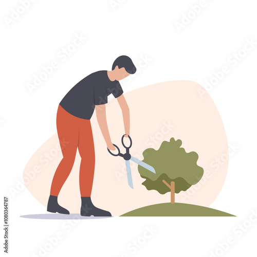 A man using scissors to trim a small tree, flat design style, on a light background. Vector illustration