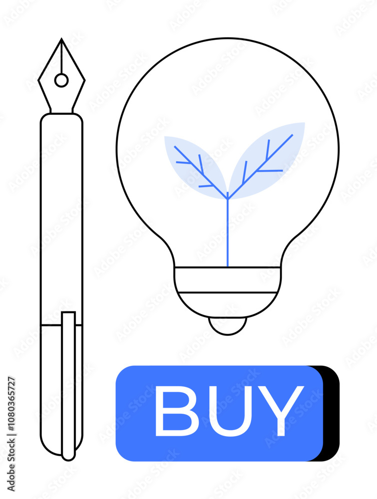 Fountain pen, bulb with plant growing, blue BUY button. Ideal for eco-friendly products, sustainable shopping, green energy campaigns, innovation, product marketing, education, online shopping. Line Fountain pen, bulb with plant growing, blue BUY button. Ideal for eco-friendly products, sustainable shopping, green energy campaigns, innovation, product marketing, education, online shopping. Line