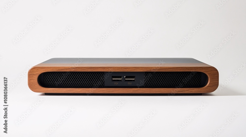 Sleek Wooden Electronic Device with Dual Ports and Mesh Grill on a Pristine White Backdrop