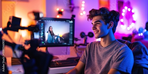 Generation Z teens creating content for social media platforms, in a vibrant, aesthetically designed home studio
