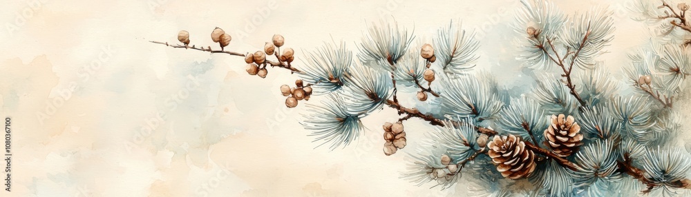 Fototapeta premium Create a stunning illustration of a pine branch featuring lush needles and small pine cones