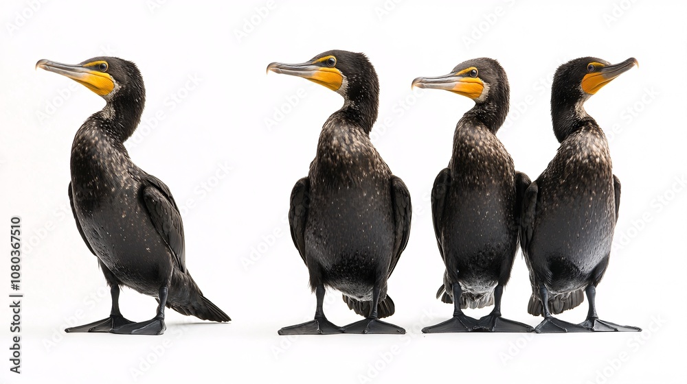 Fototapeta premium Four Cormorants in Majestic Harmony: A Captivating Wildlife Portrait on White