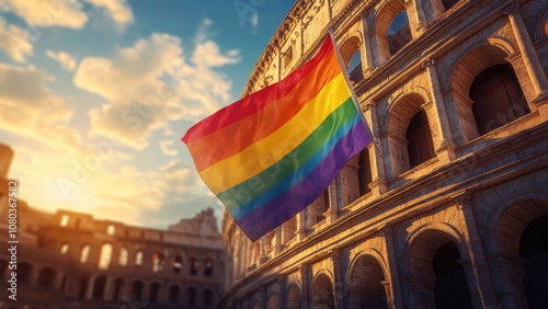 Rainbow Pride Flag Flying in Front of Colosseum at Sunset