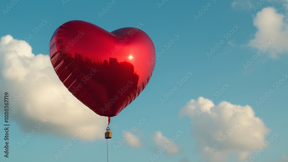 Fototapeta premium A balloon in the form of a red heart flying into the sky. The concept for the celebration of Valentine's Day.