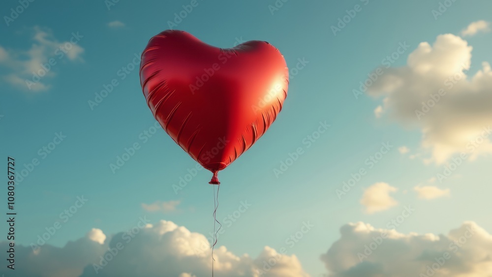 A balloon in the form of a red heart flying into the sky. The concept for the celebration of Valentine's Day.