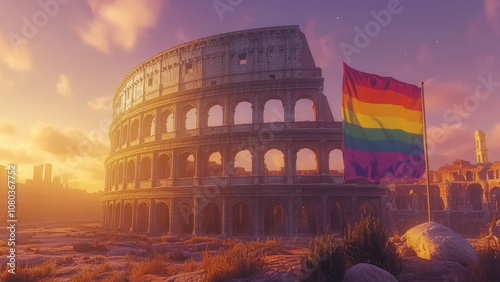 LGBTQ+ Flag Waving Against Historic Colosseum and Dramatic Sky