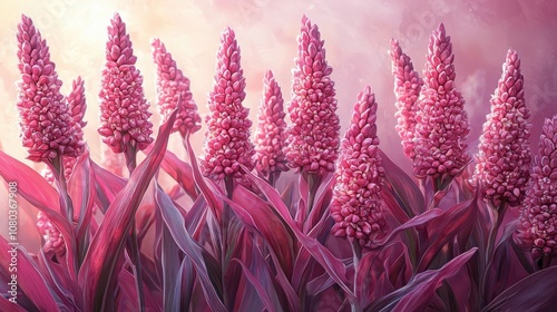 Explore the vibrant illustration of sorghum stalks featuring intricate grain clusters photo