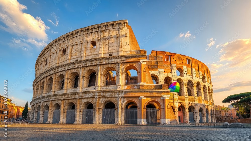 Fototapeta premium Colosseum with Rainbow Flag at Sunset Symbolizing LGBTQ+ Pride