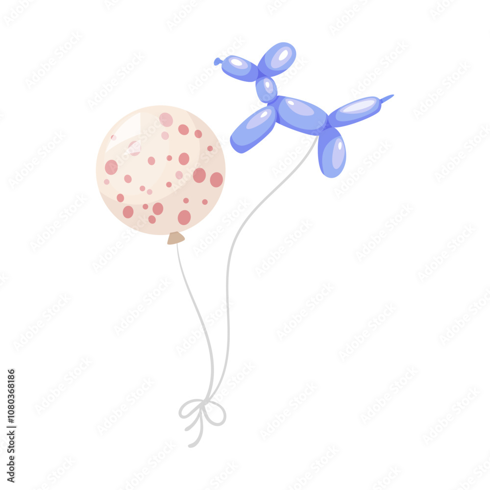 Fototapeta premium Two playful balloons, one polka-dotted and a balloon dog, on a white background. Vector illustration