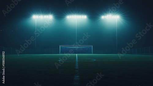 A dimly lit soccer field at night, illuminated by floodlights with a goalpost in the background.