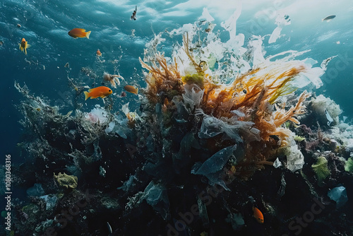 Fototapeta Naklejka Na Ścianę i Meble -  A coral reef covered in plastic waste and pollution, with fish swimming nearby