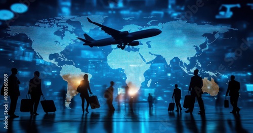 Fototapeta Naklejka Na Ścianę i Meble -  Airplane Silhouette Over World Map Background