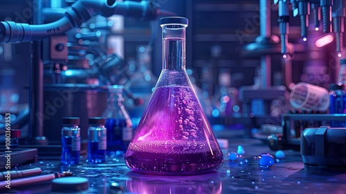 A Single Erlenmeyer Flask Filled with Purple Liquid in a Laboratory Setting