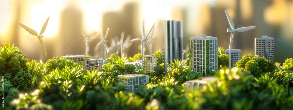 3D model of a sustainable city with green buildings and wind turbines, surrounded by lush vegetation. In the background is a blurred natural landscape. 3D model of a sustainable city with green buildings and wind turbines, surrounded by lush vegetation. In the background is a blurred natural landscape.