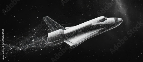 Space Shuttle soaring through the cosmos in a digital wireframe style against a starry background. photo