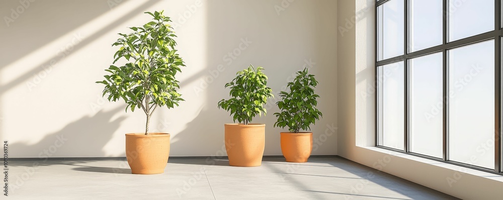 Fototapeta premium Smart farming and automation to boost yield concept. A modern interior featuring three lush potted plants in terracotta pots, brightened by sunlight streaming through large windows.