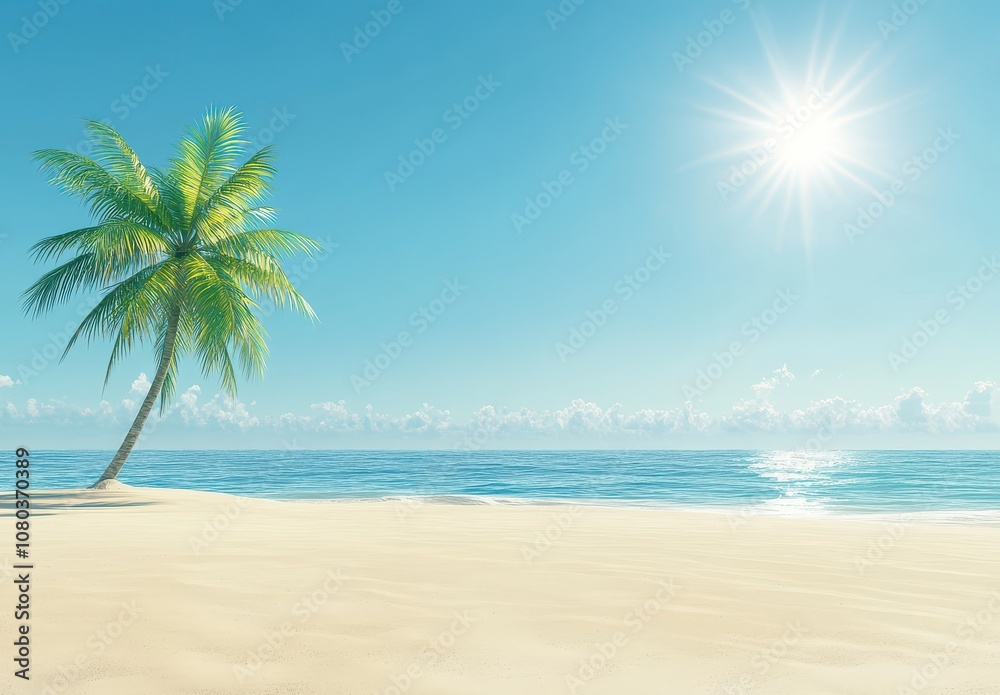 Bright Beach Scene with Palm Trees and Blue Sky Bright Beach Scene with Palm Trees and Blue Sky