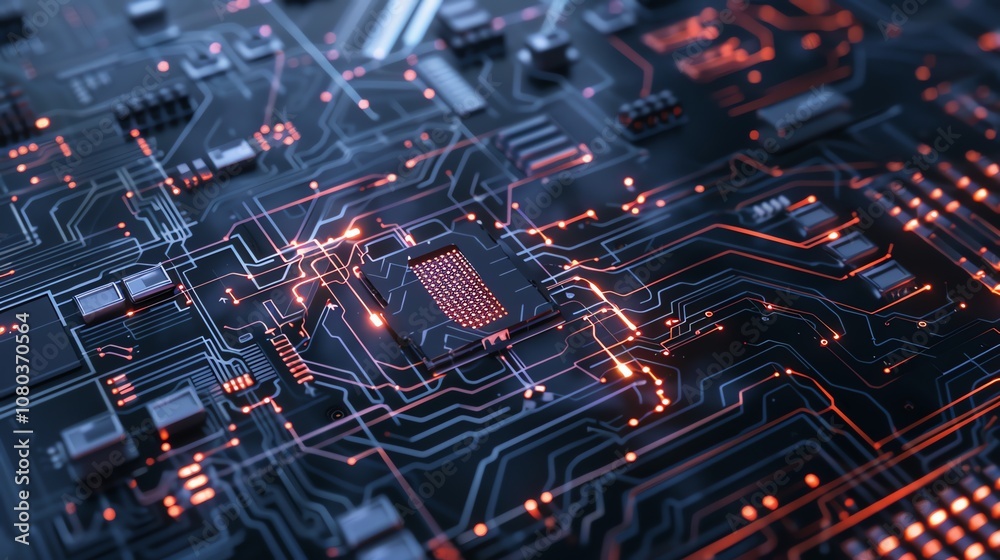 Obraz premium A close up of a circuit board with glowing orange lines and a black processor chip.