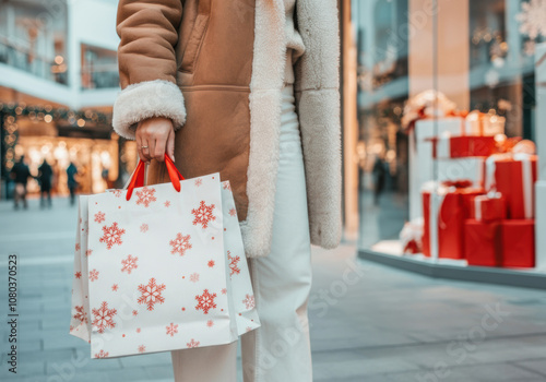 a girl walks down the street next to a shop window decorated for Christmas, holding holiday shopping bags in her hands