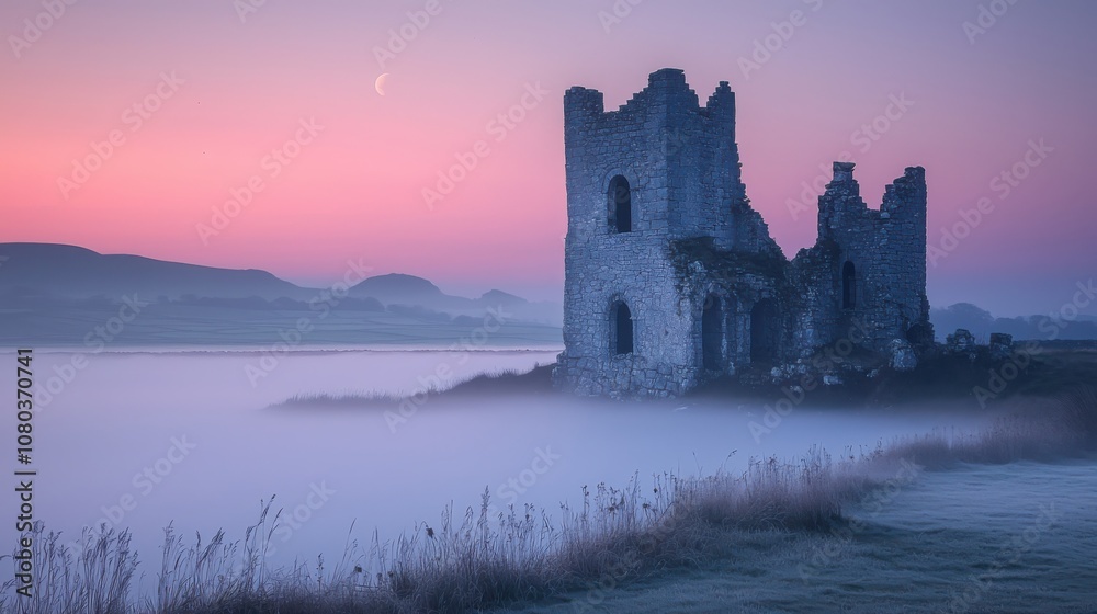 Explore the enchantment of irish stone castle ruins beneath a mystical foggy sky Explore the enchantment of irish stone castle ruins beneath a mystical foggy sky