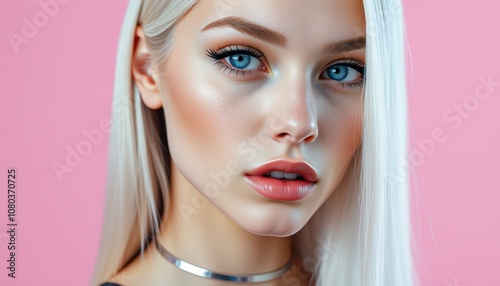 Stunning Close-Up Portrait of a Female Model with Blue Eyes and Light Blonde Hair Against a Soft Pink Background