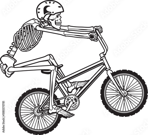 Human skeleton riding on a freestyle BMX moma bike