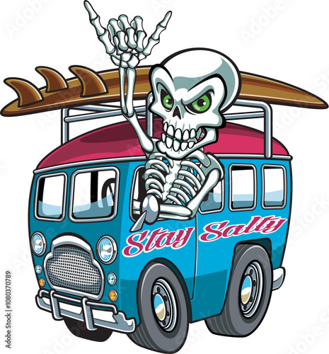 Human skeleton driving van with surfboard on the roof doing hand sign