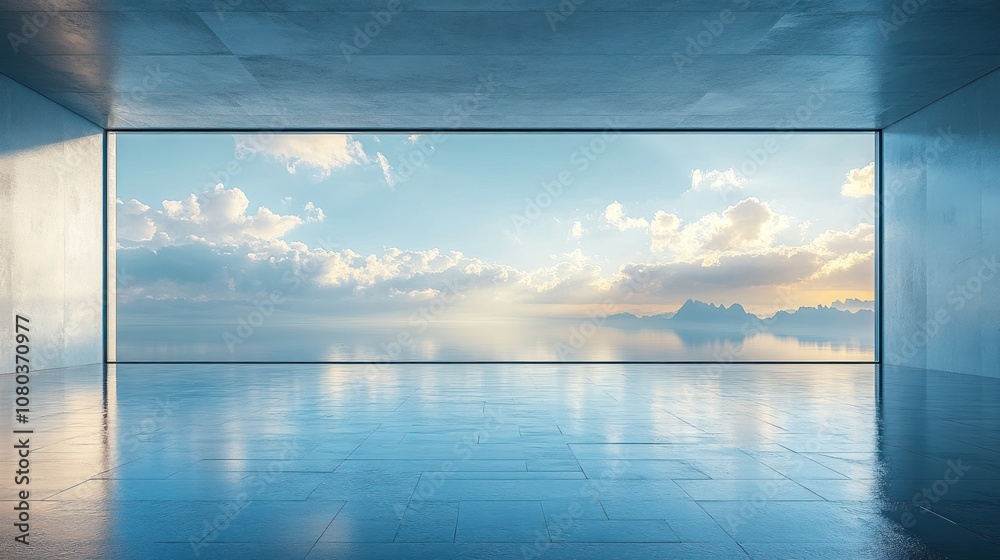 Fototapeta premium A serene view of a vast landscape through a modern architectural window.