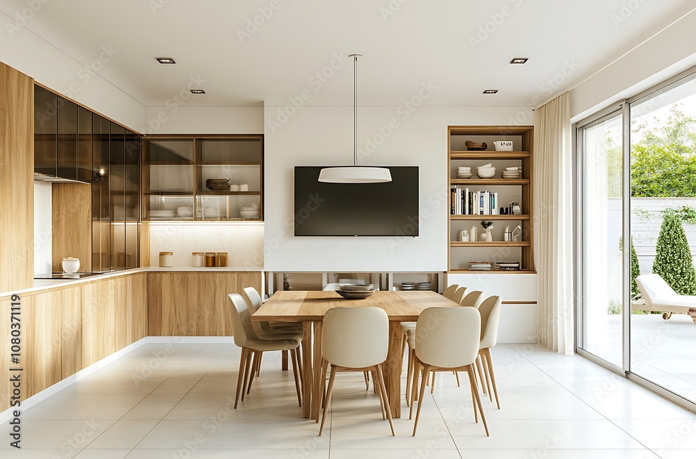 3D Rendering of an Open Plan Dining Room with Warm Wooden Accents and Modern Design 3D Rendering of an Open Plan Dining Room with Warm Wooden Accents and Modern Design