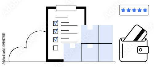 Checklist on clipboard with check marks and boxes, showing a five-star rating and wallet with payment card. Ideal for e-commerce, delivery, shopping, logistics, customer service, online purchasing