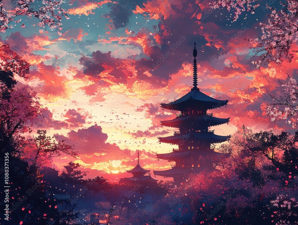 Experience the serenity of a japanese pagoda bathed in sunset colors