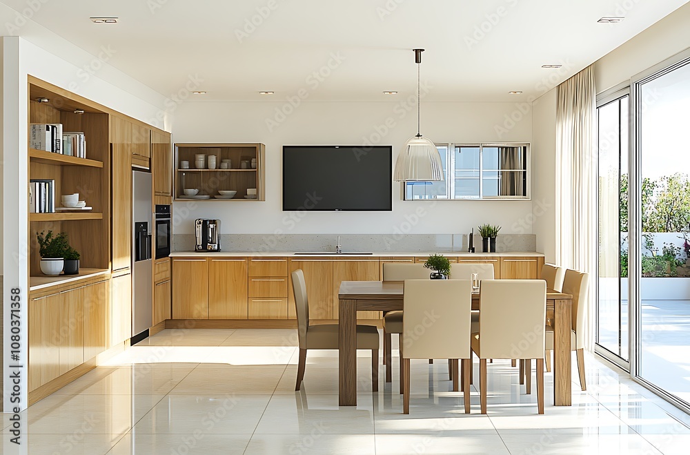 3D Rendering of an Open Plan Dining Room with Warm Wooden Accents and Modern Design 3D Rendering of an Open Plan Dining Room with Warm Wooden Accents and Modern Design