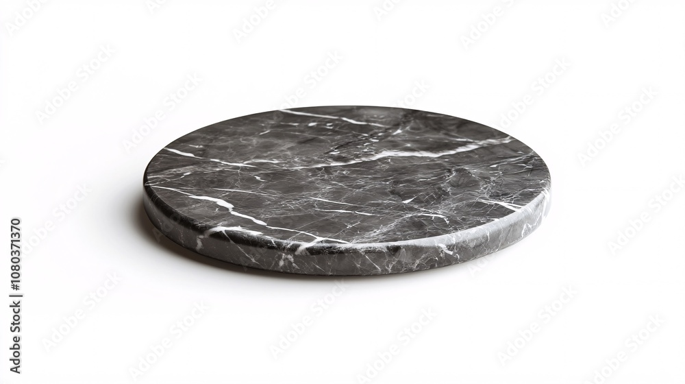 Empty Black Marble Circle Podium on White Background. Minimalist Product Display Stand. Template for Luxury Presentation. Empty Black Marble Circle Podium on White Background. Minimalist Product Display Stand. Template for Luxury Presentation.