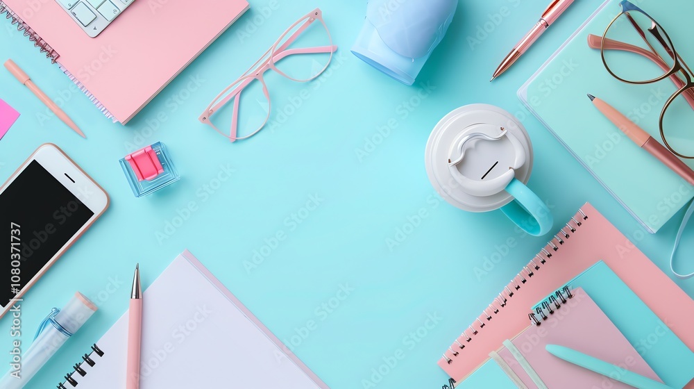 A flat lay of various pastel office supplies on a blue background. A flat lay of various pastel office supplies on a blue background.