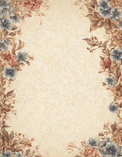 Cream handmade paper background with a vintage floral border
