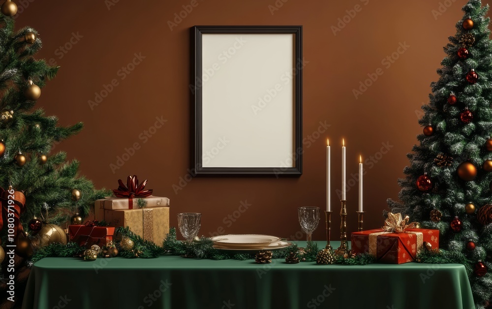 Obraz premium A Christmas tree is in the background of a room with a green tablecloth