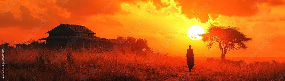 Explore the beauty of a maasai village silhouetted against an orange sunset Explore the beauty of a maasai village silhouetted against an orange sunset
