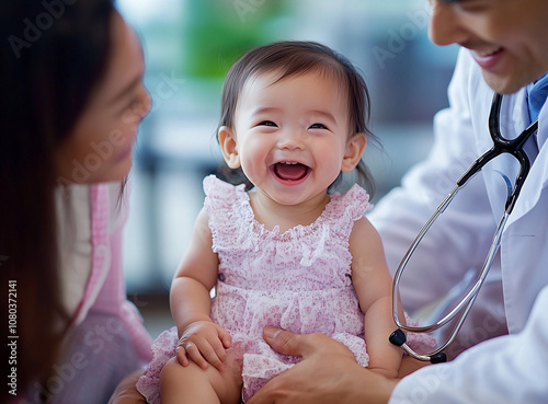 Mother, baby and stethoscope of pediatrician for healthcare consulting, check lungs and breathing for heartbeat. Doctor, happy infant kid and chest assessment in clinic, hospital and medical analysis photo