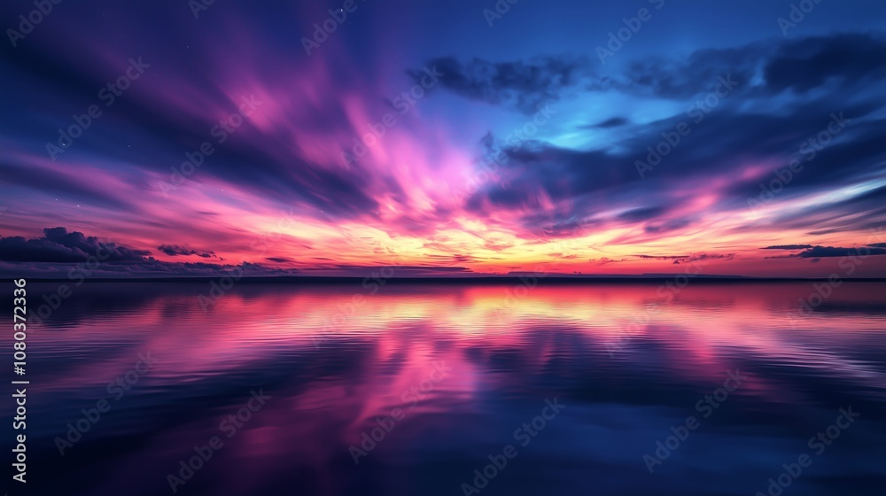 Vibrant Sunset Over Calm Ocean Reflecting Colorful Sky Vibrant Sunset Over Calm Ocean Reflecting Colorful Sky