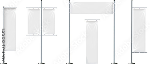 Vector set of blank, textile banners or flags in various shapes, for brand promotion, marketing, advertisement isolated on background. Outdoor, portable pole with cloth, mockup for your design.