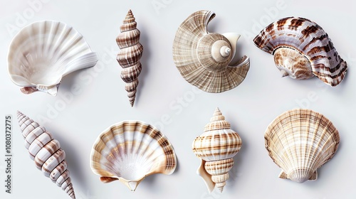 A collection of various seashells, isolated on a white background.