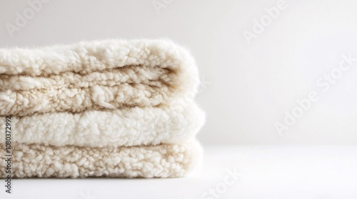 Cozy Minimalism: A Textured Tale of Cream Wool - Soft Sheepskin Blankets Folded on White, Embracing Warmth and Comfort in a Hygge Home