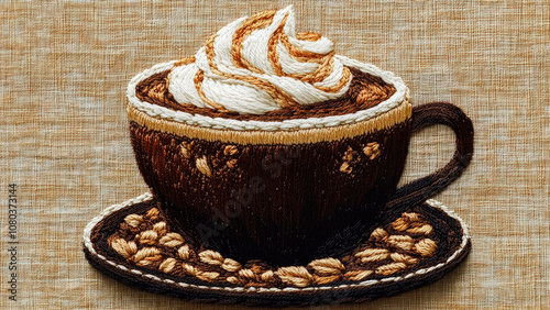 Embroidered Coffee Cup with Whipped Cream Swirls