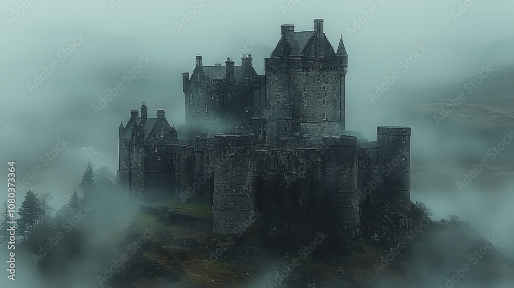 Fototapeta premium Explore the enigmatic beauty of a fog-covered medieval scottish castle at dawn