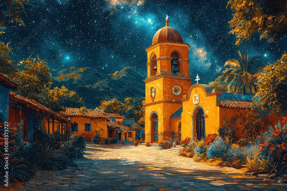 Explore the vibrant beauty of a mexican colonial church under a starry sky Explore the vibrant beauty of a mexican colonial church under a starry sky