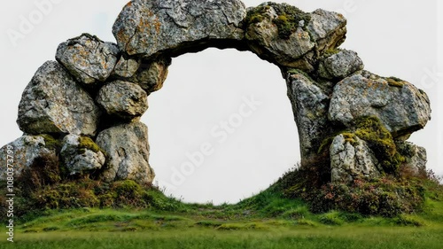 A natural stone archway stands tall in a grassy field, its weathered gray rocks framing a view of the sky photo