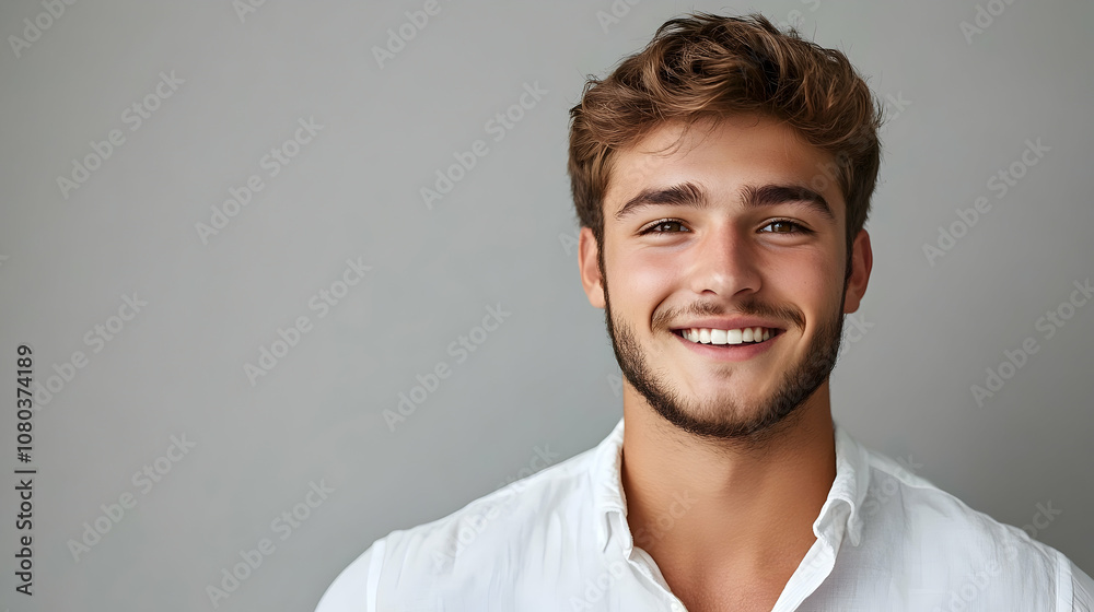 Portrait of a Smiling Young Man with Brown Hair Wearing a White Shirt Against a Gray Background Portrait of a Smiling Young Man with Brown Hair Wearing a White Shirt Against a Gray Background