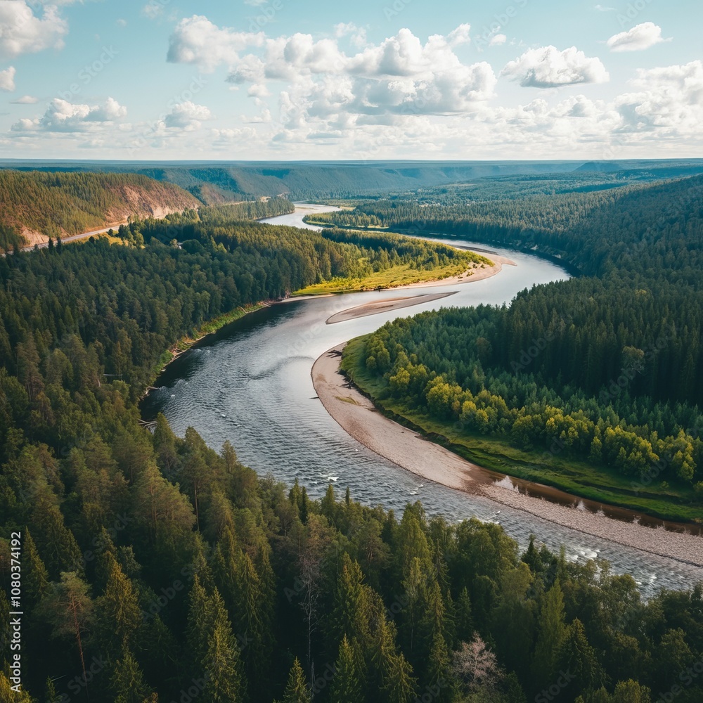 Obraz premium A serene mountain river flows through rugged terrain, surrounded by lush forests and towering peaks.