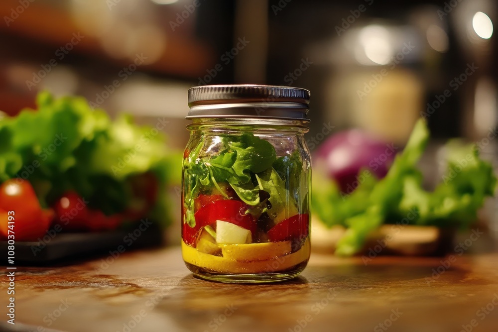 Glass jar with fresh salad inside. A delicious and healthy salad in a jar, perfect for a quick lunch or dinner. Glass jar with fresh salad inside. A delicious and healthy salad in a jar, perfect for a quick lunch or dinner.